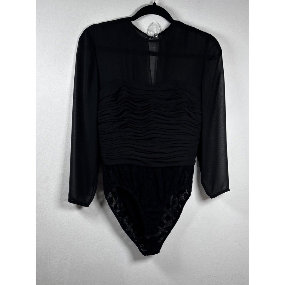 VTG A.J. Bari Black Mesh Bodysuit Lace Ruched Long Sleeve Goth Y2K sexy Women 8